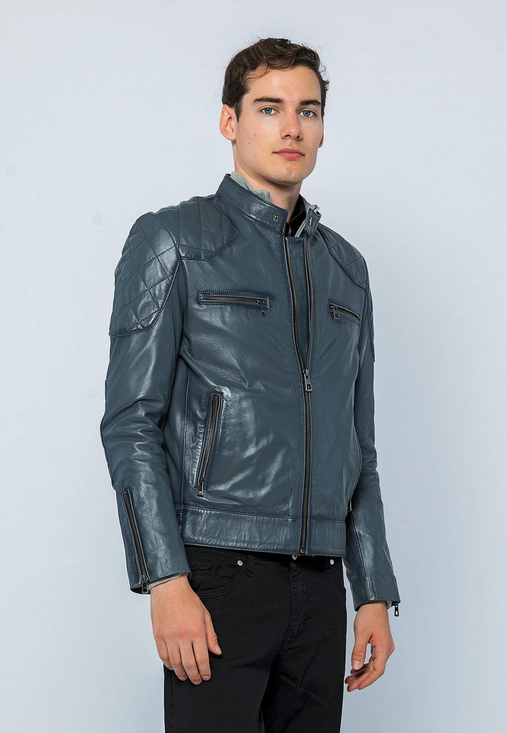 Erkek Biker Deri Ceket Gri - Image 4