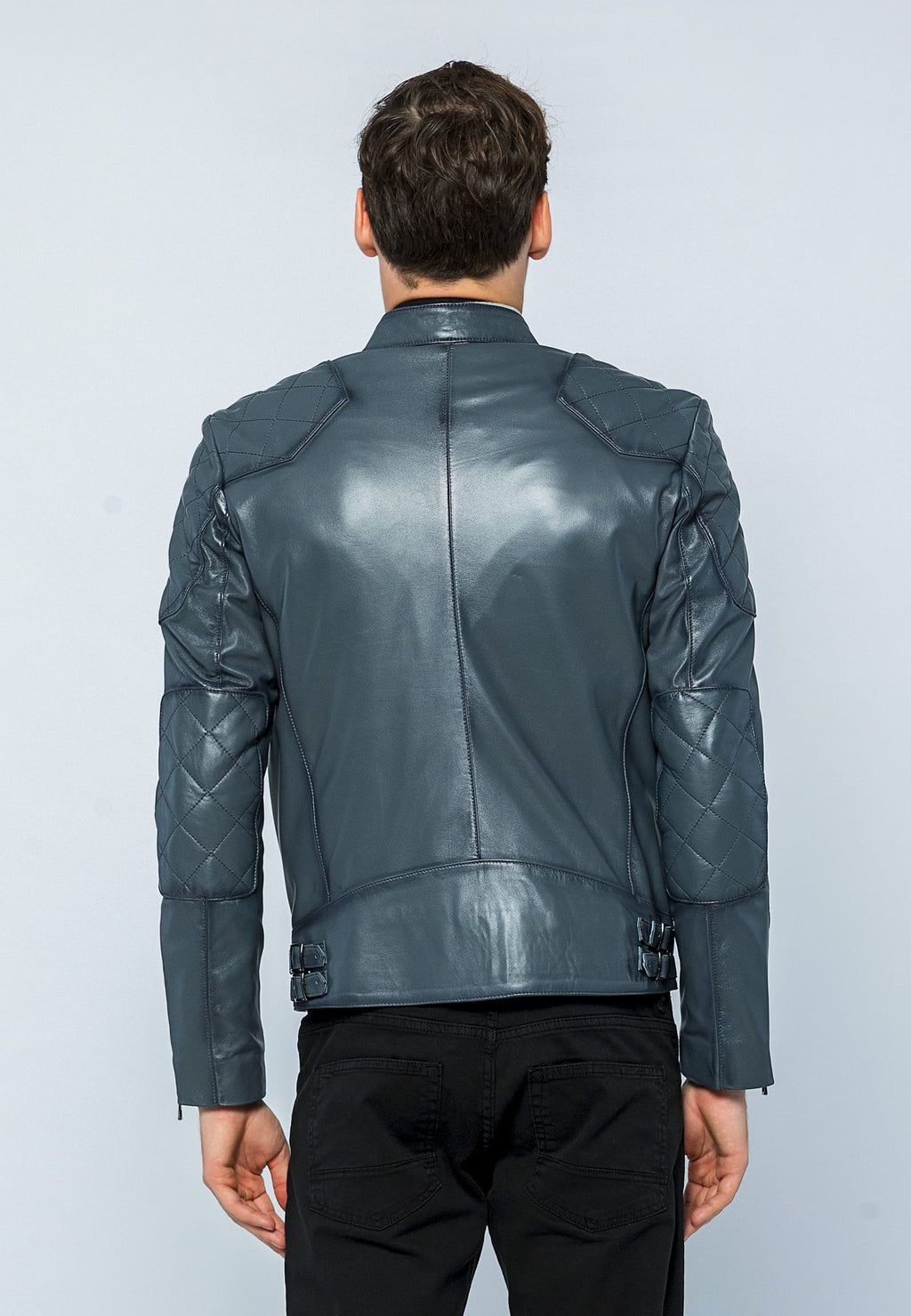 Erkek Biker Deri Ceket Gri - Image 5