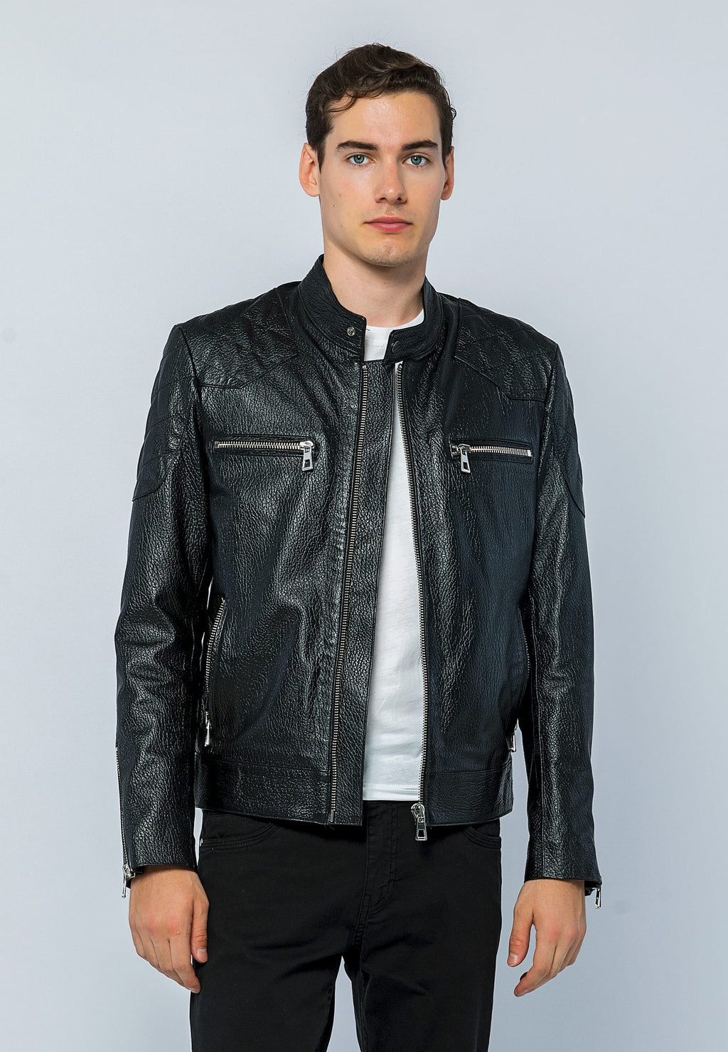 Erkek Biker Jumbo Deri Ceket Siyah - Image 1