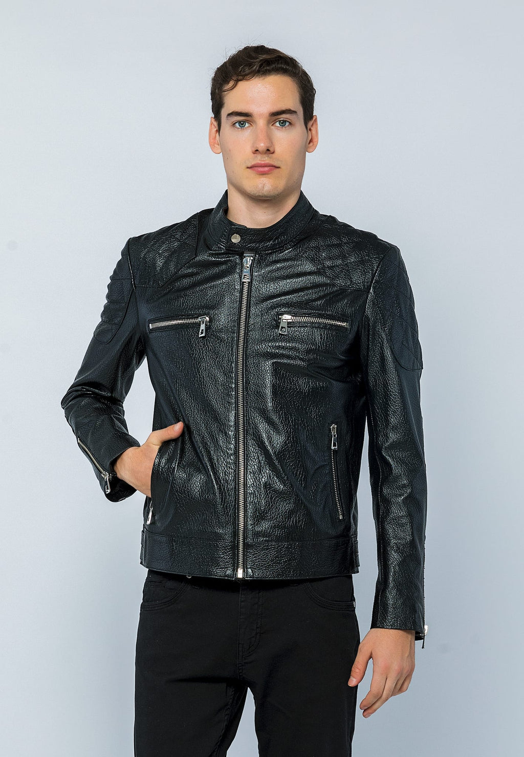 Erkek Biker Jumbo Deri Ceket Siyah - Image 2