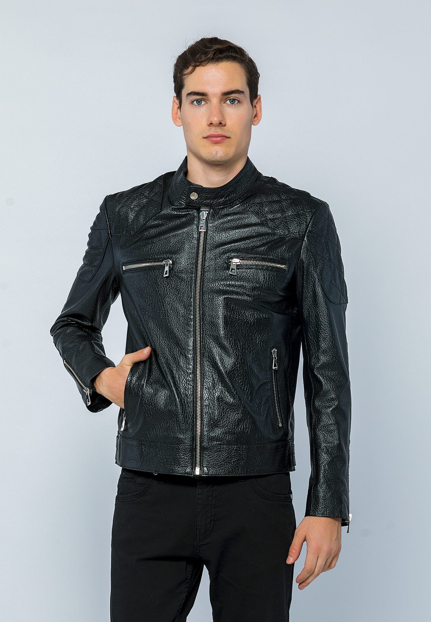 Erkek Biker Jumbo Deri Ceket Siyah - Image 2
