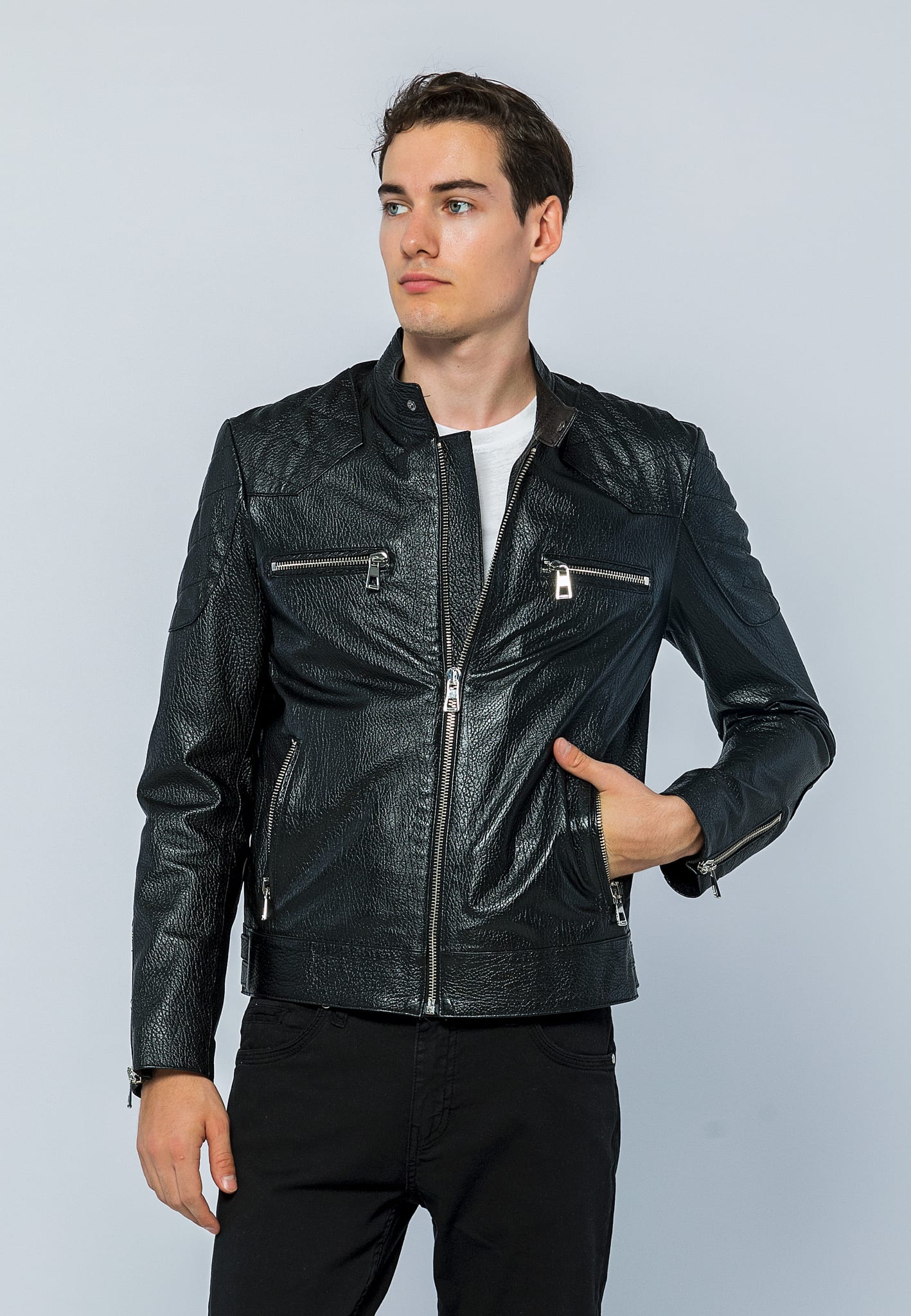 Erkek Biker Jumbo Deri Ceket Siyah - Image 3