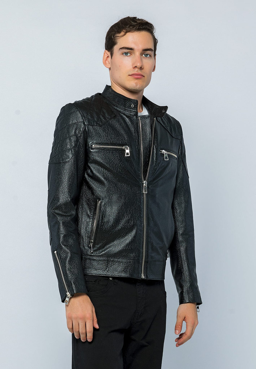 Erkek Biker Jumbo Deri Ceket Siyah - Image 4
