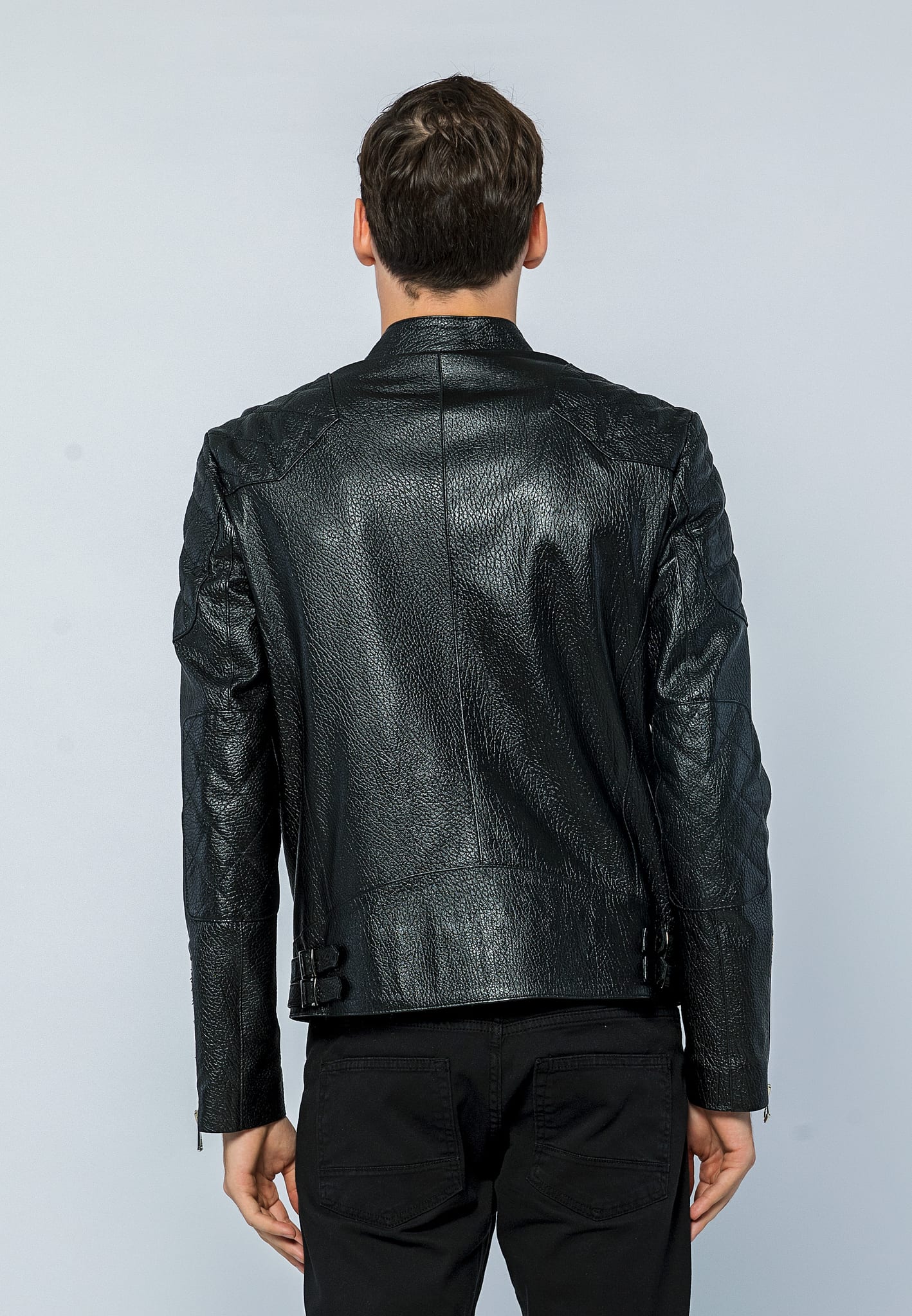 Erkek Biker Jumbo Deri Ceket Siyah - Image 5