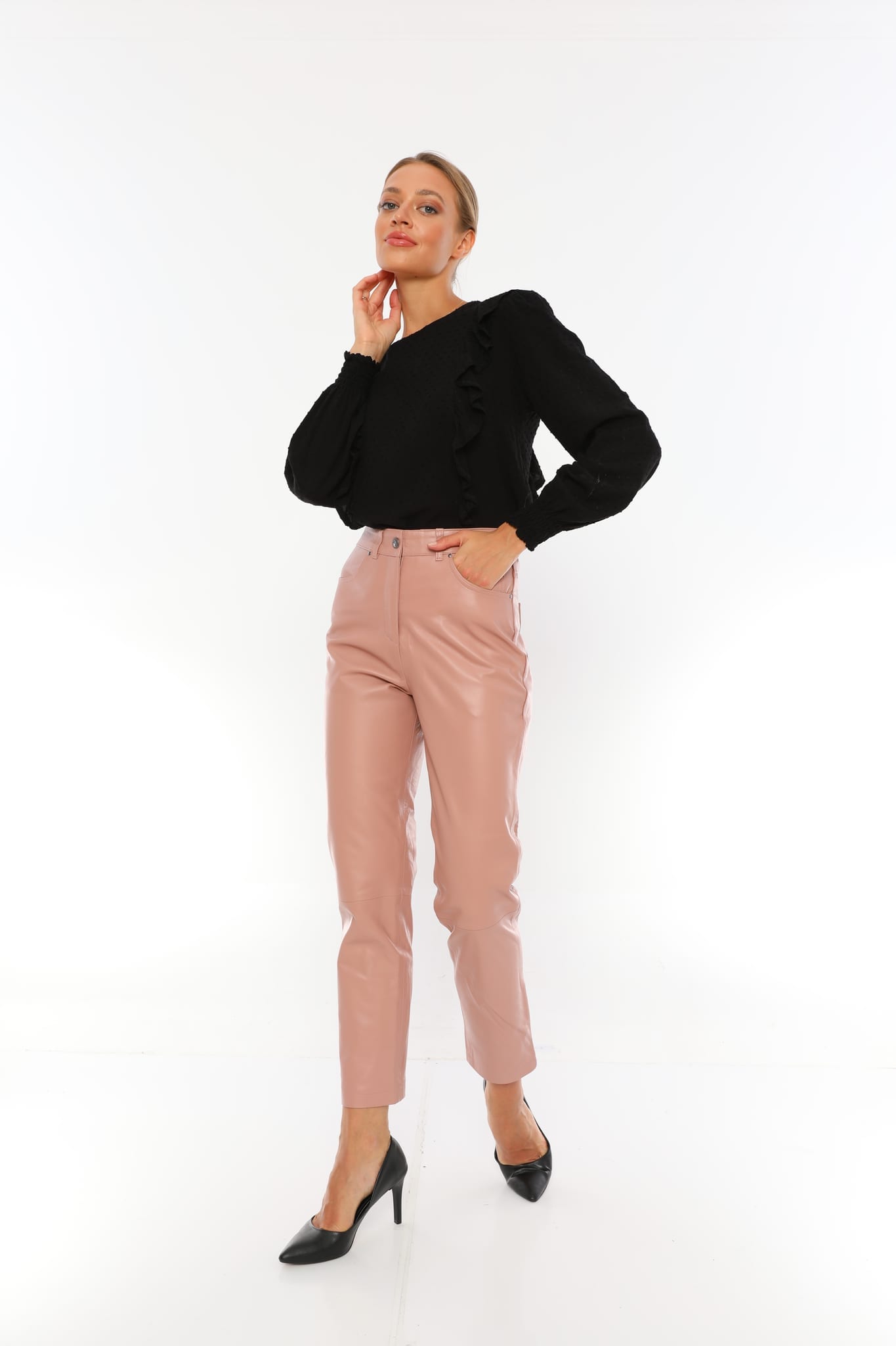 Kadin Bes Cepli Deri Pantolon Acik Pembe - Image 3