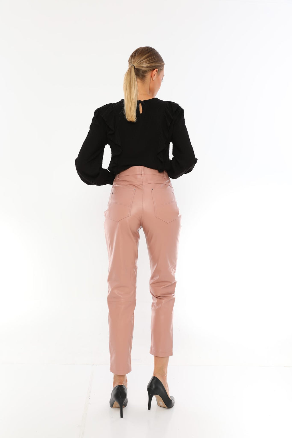 Kadin Bes Cepli Deri Pantolon Acik Pembe - Image 5