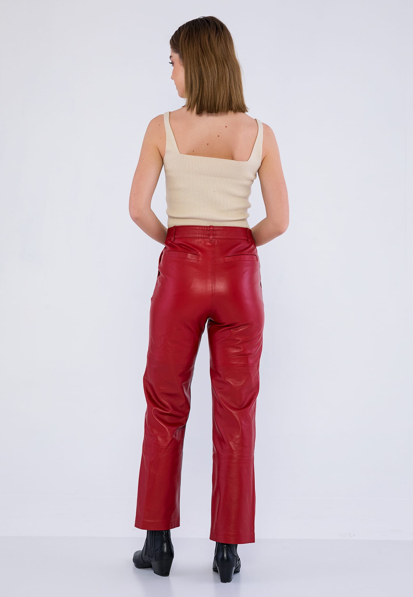 Kadin Yandan Cepli Deri Pantolon  Kirmizi - Image 5