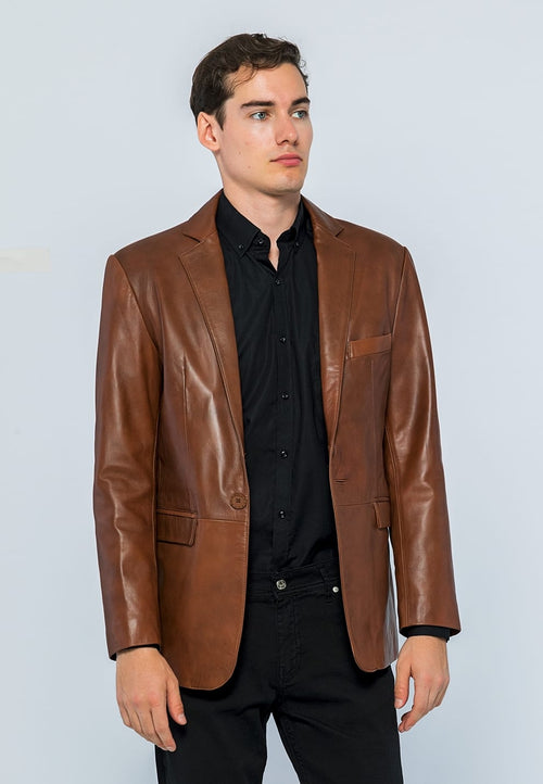 Erkek Blazer Deri Ceket  Kestane - Image 1