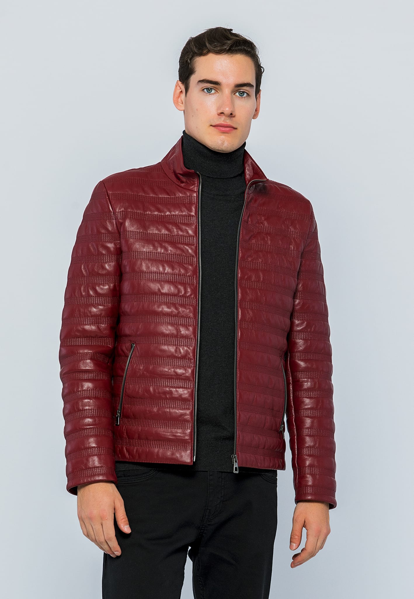Erkek Dik Yaka Dikisli Deri Ceket Acik Bordo - Image 1