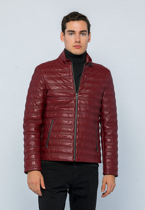 Erkek Dik Yaka Dikisli Deri Ceket Acik Bordo - Image 2