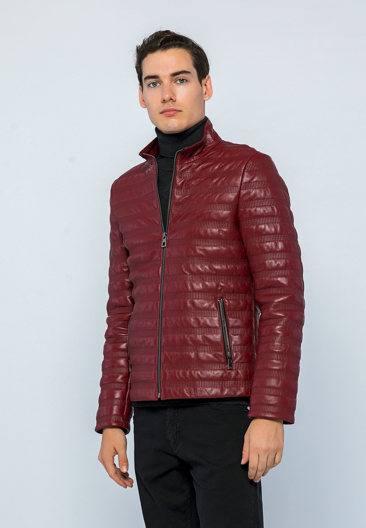 Erkek Dik Yaka Dikisli Deri Ceket Acik Bordo - Image 3