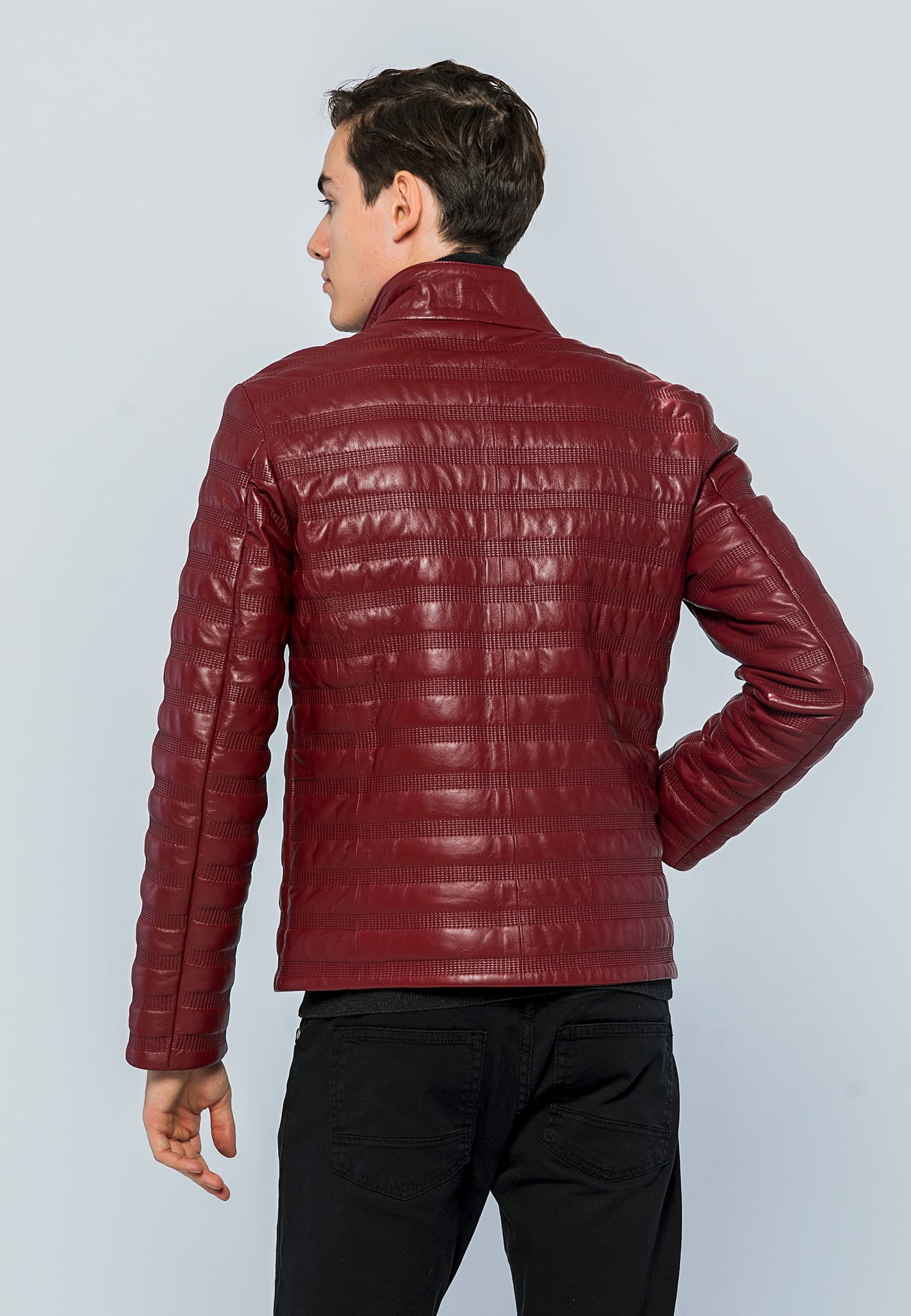 Erkek Dik Yaka Dikisli Deri Ceket Acik Bordo - Image 5