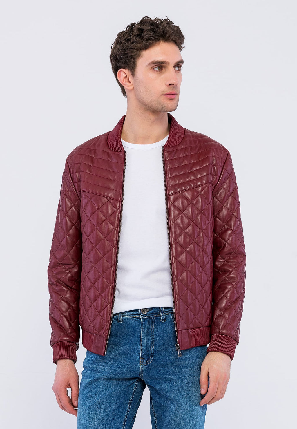 Erkek Kapitoneli Hakiki Deri Ceket  Bordo - Image 1