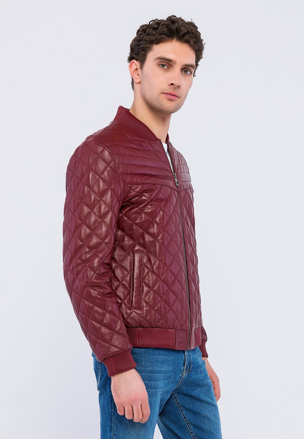 Erkek Kapitoneli Hakiki Deri Ceket  Bordo - Image 3