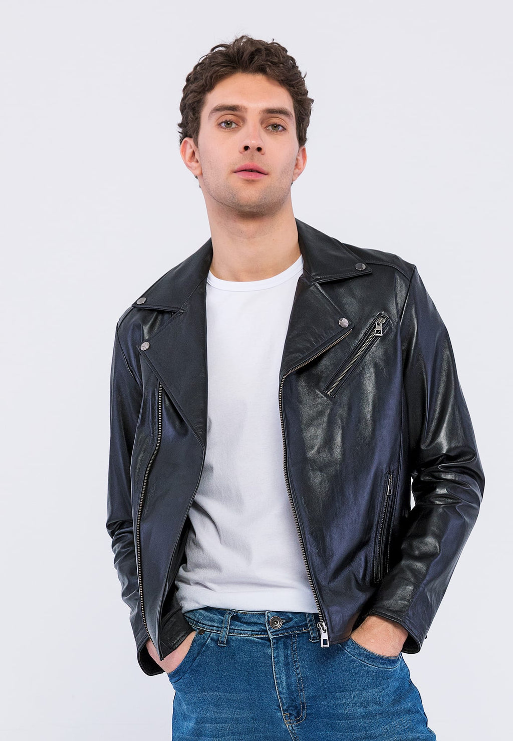 Erkek Biker Deri Ceket  Siyah - Image 1