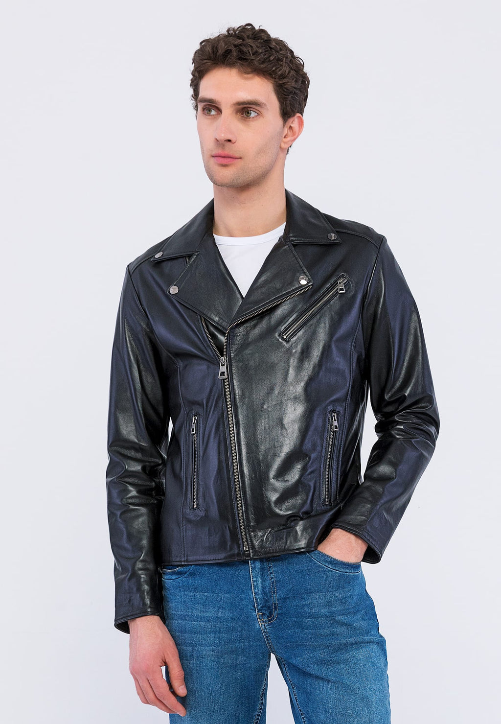 Erkek Biker Deri Ceket  Siyah - Image 2