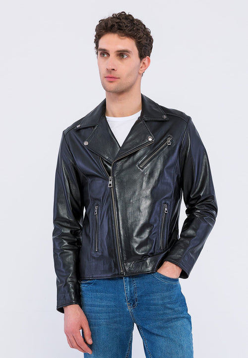 Erkek Biker Deri Ceket  Siyah - Image 2