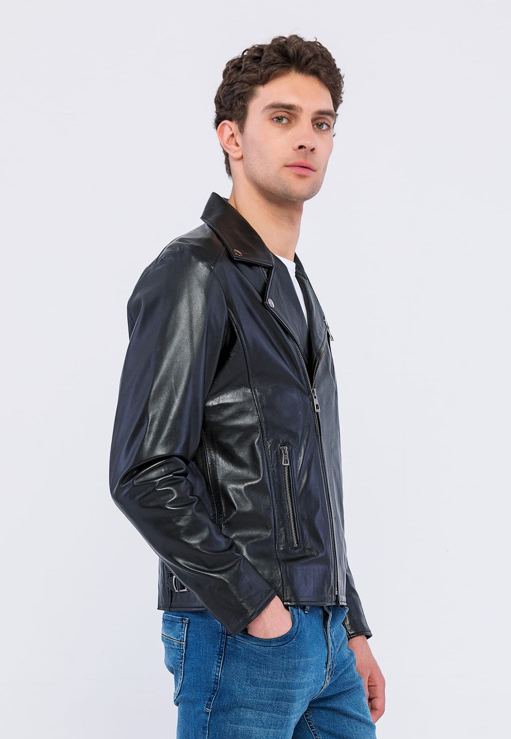 Erkek Biker Deri Ceket  Siyah - Image 3