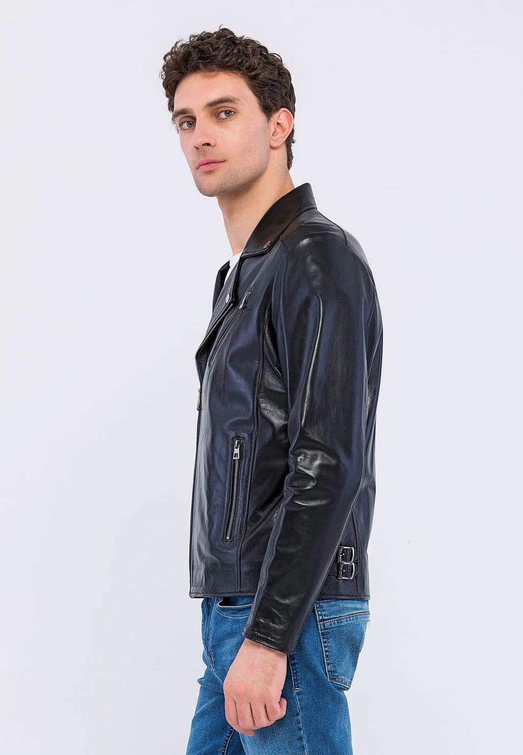 Erkek Biker Deri Ceket  Siyah - Image 4
