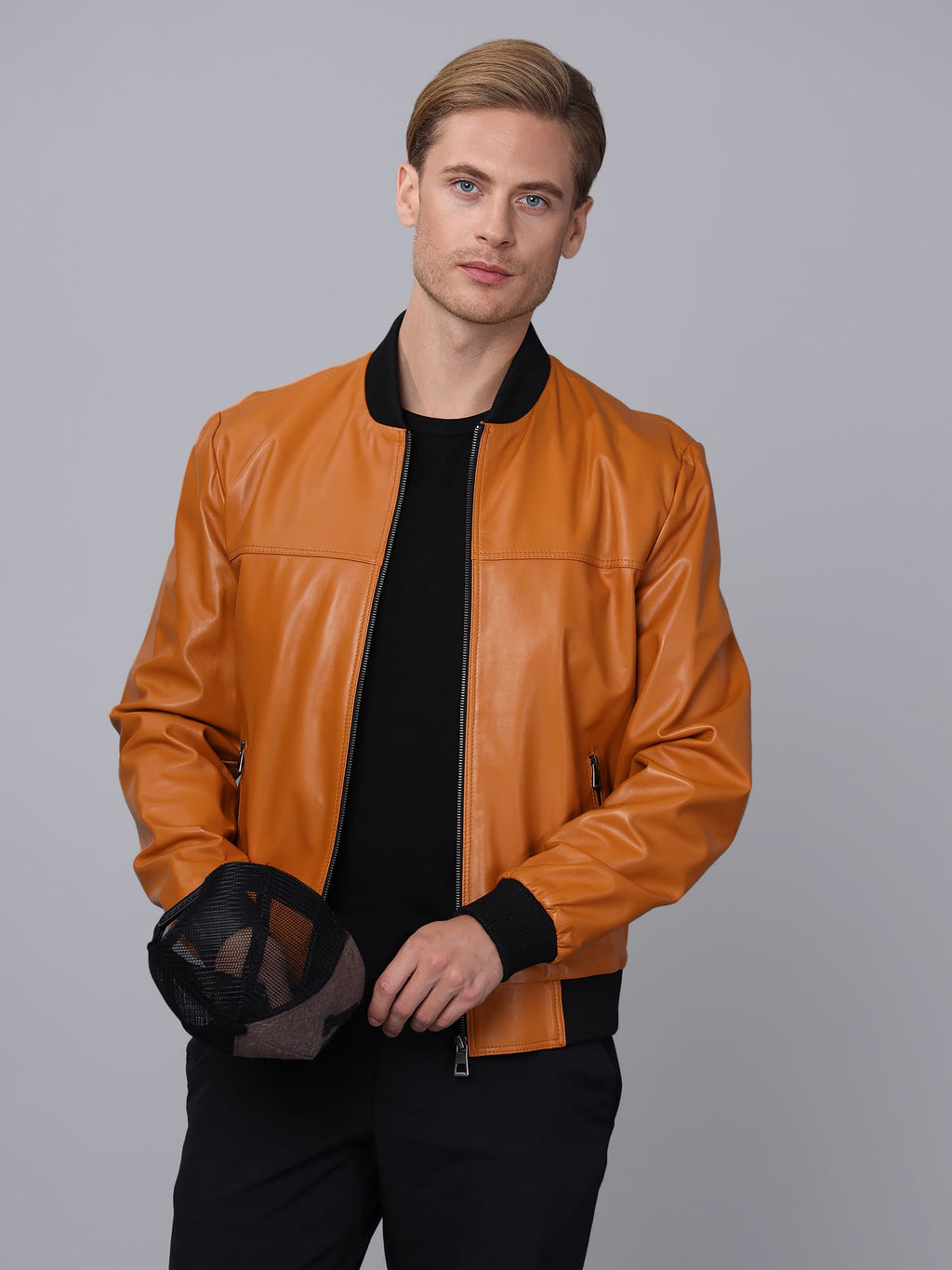 Erkek Kolej Model Deri Ceket  Acik Kahverengi - Image 3