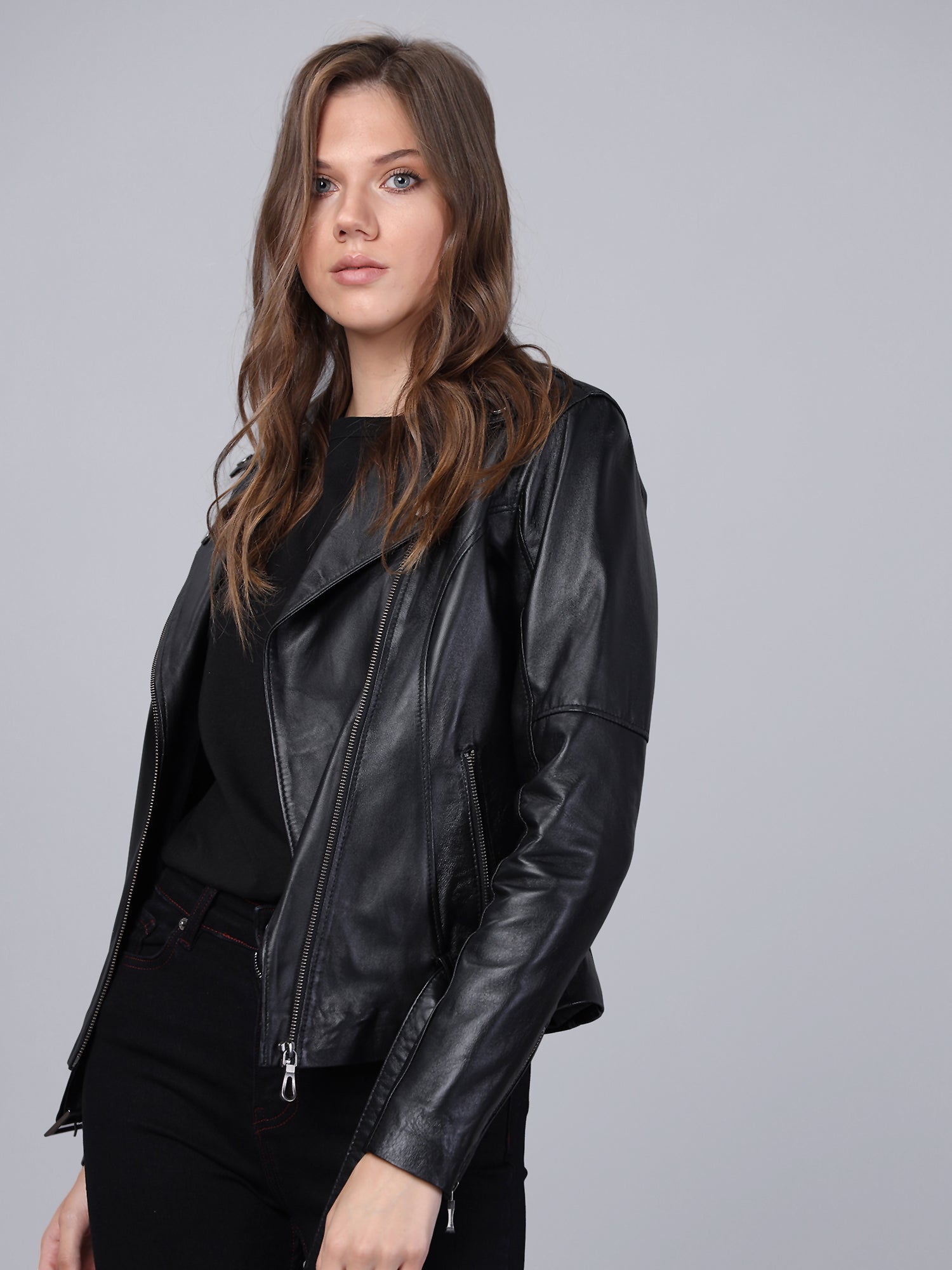 Kadın Biker Deri Ceket Siyah