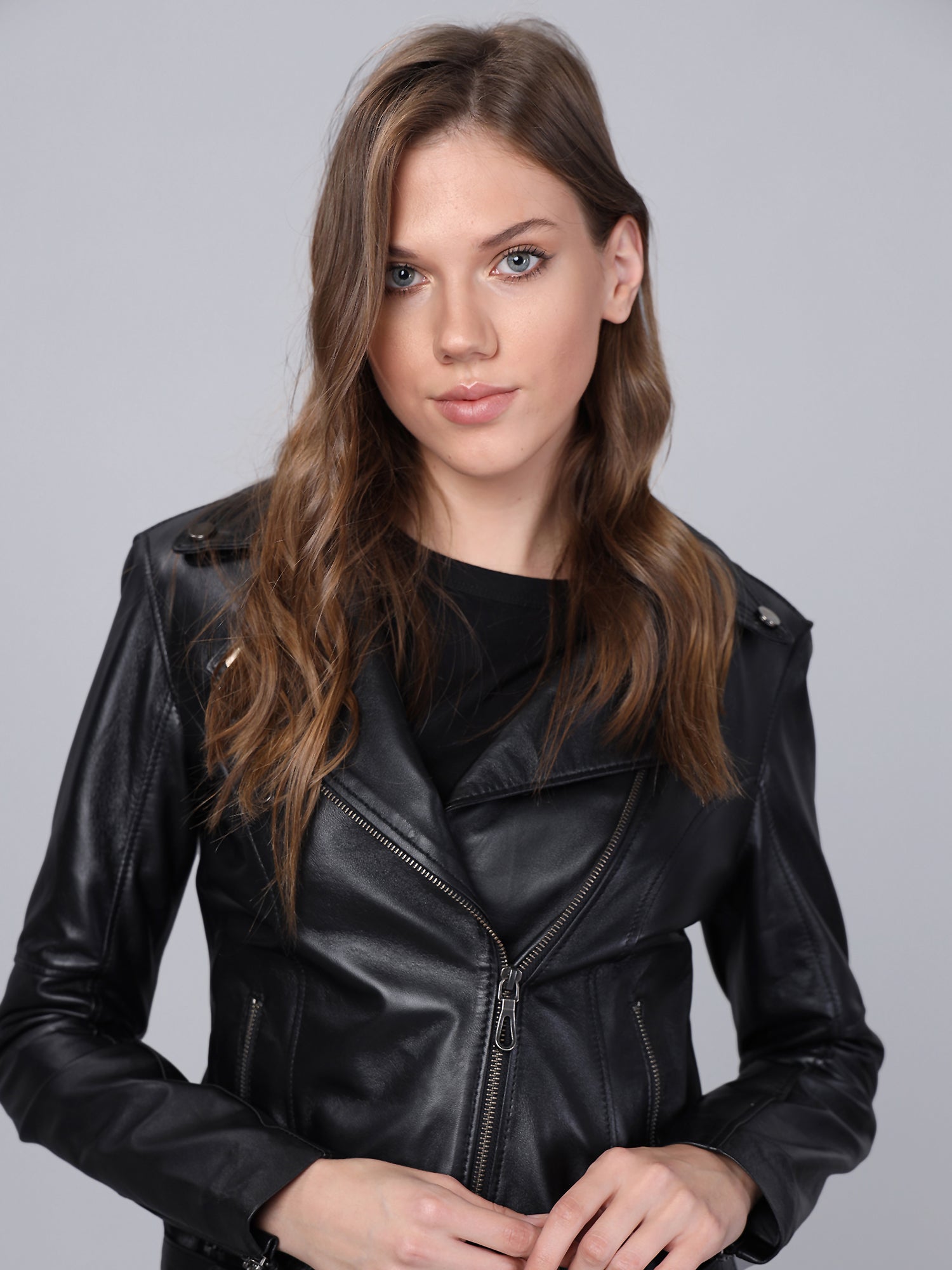 Kadın Biker Deri Ceket Siyah