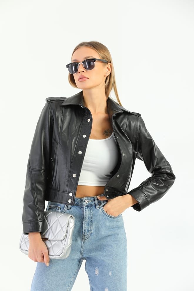 Kadin Kapitone Dugmeli Deri Ceket Siyah - Image 2