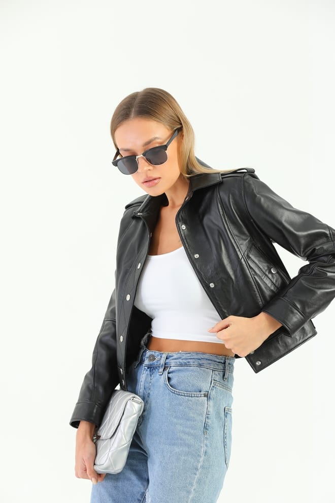 Kadin Kapitone Dugmeli Deri Ceket Siyah - Image 3