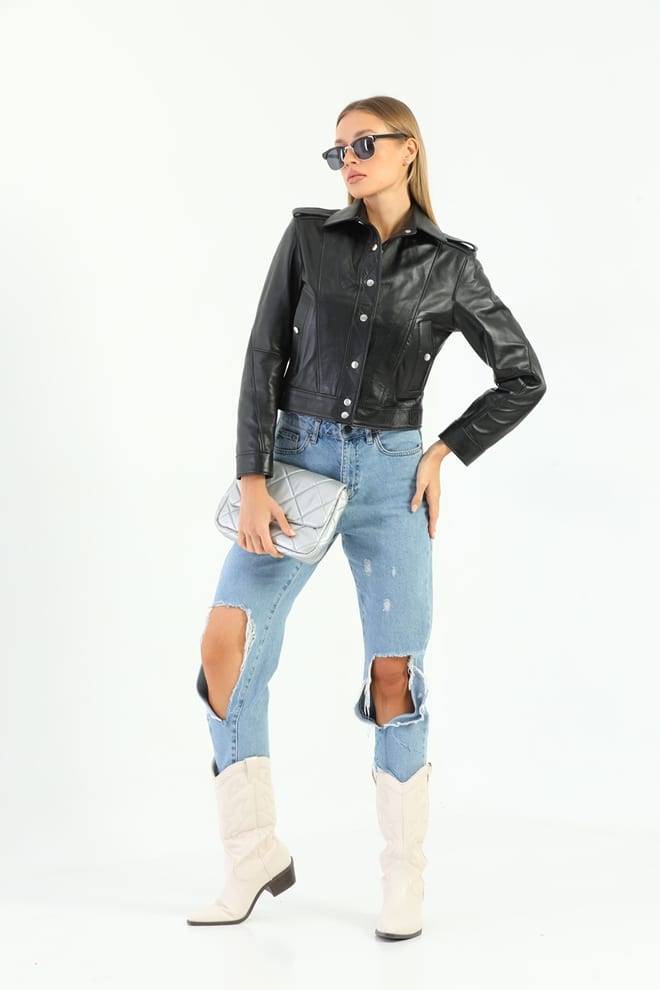 Kadin Kapitone Dugmeli Deri Ceket Siyah - Image 5