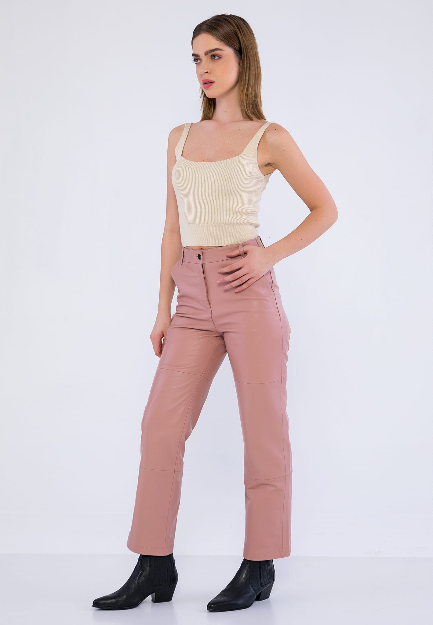 Kadin Yandan Cepli Deri Pantolon  Acik Pembe - Image 3