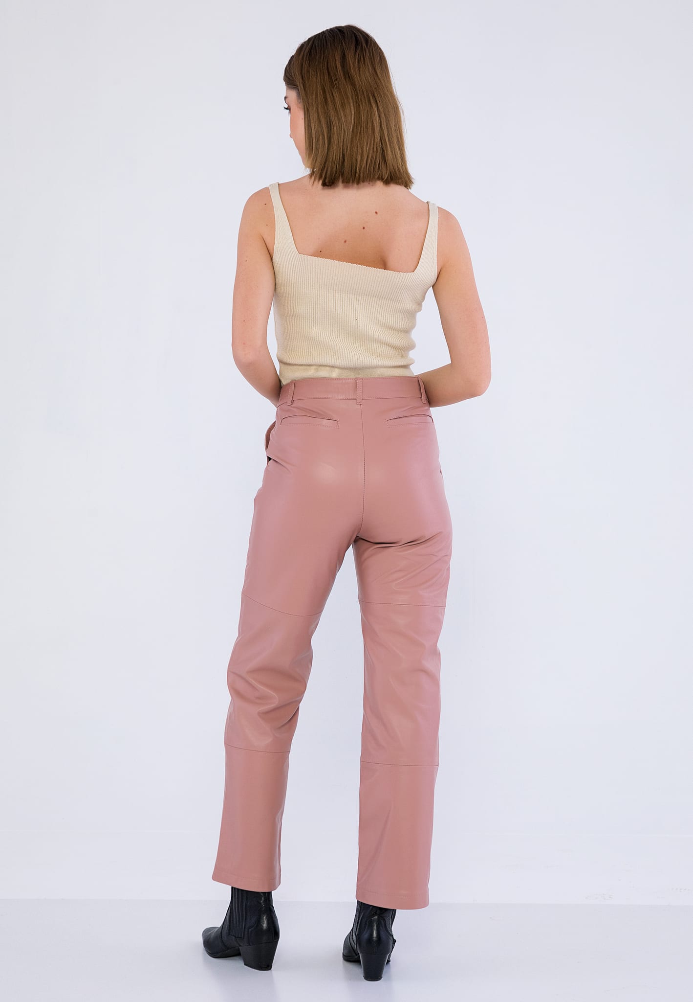 Kadin Yandan Cepli Deri Pantolon  Acik Pembe - Image 4