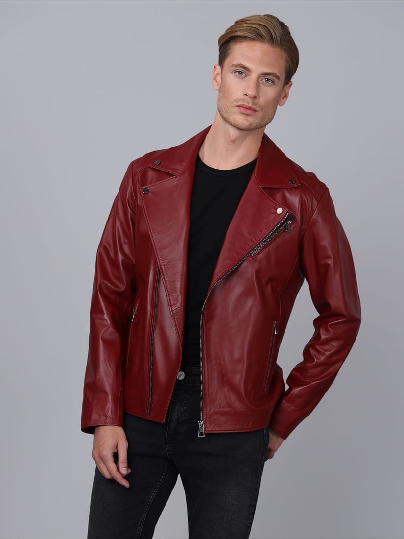 Erkek Biker Deri Ceket  Bordo - Image 1