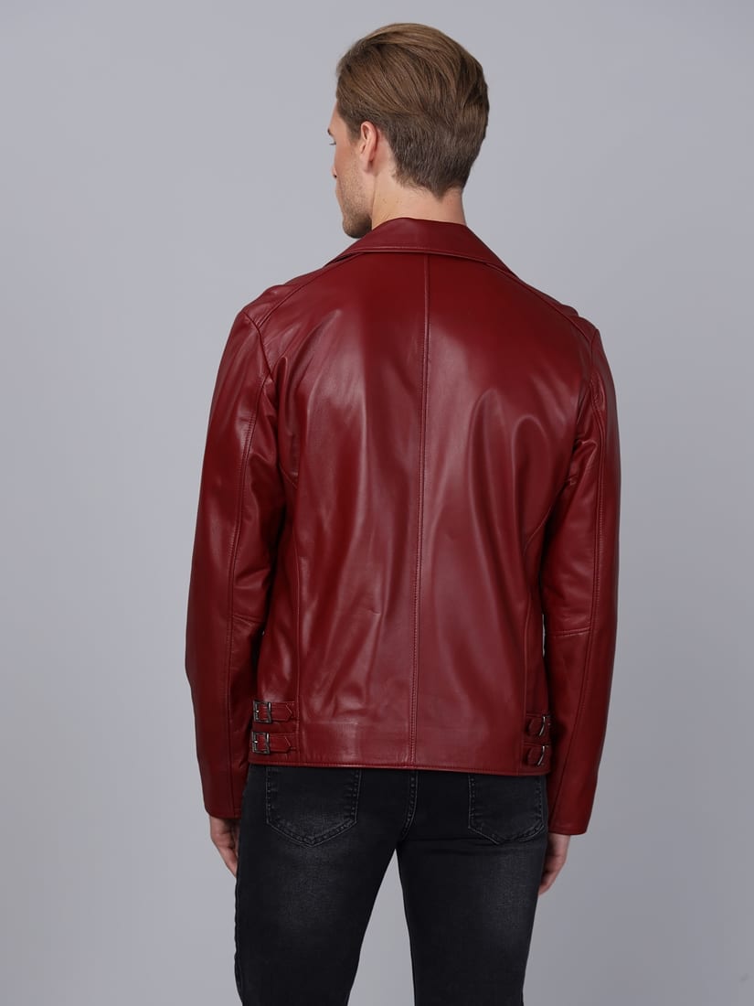 Erkek Biker Deri Ceket  Bordo - Image 2