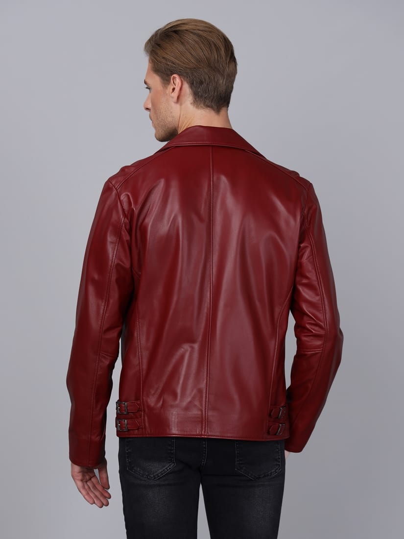 Erkek Biker Deri Ceket  Bordo - Image 3