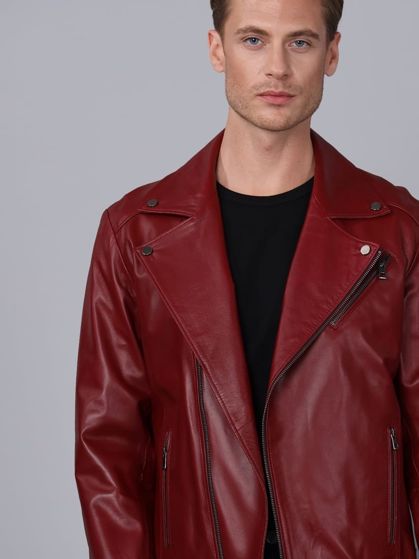 Erkek Biker Deri Ceket  Bordo - Image 4