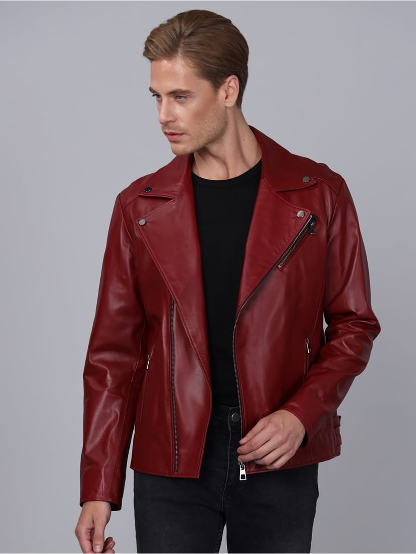 Erkek Biker Deri Ceket  Bordo - Image 5