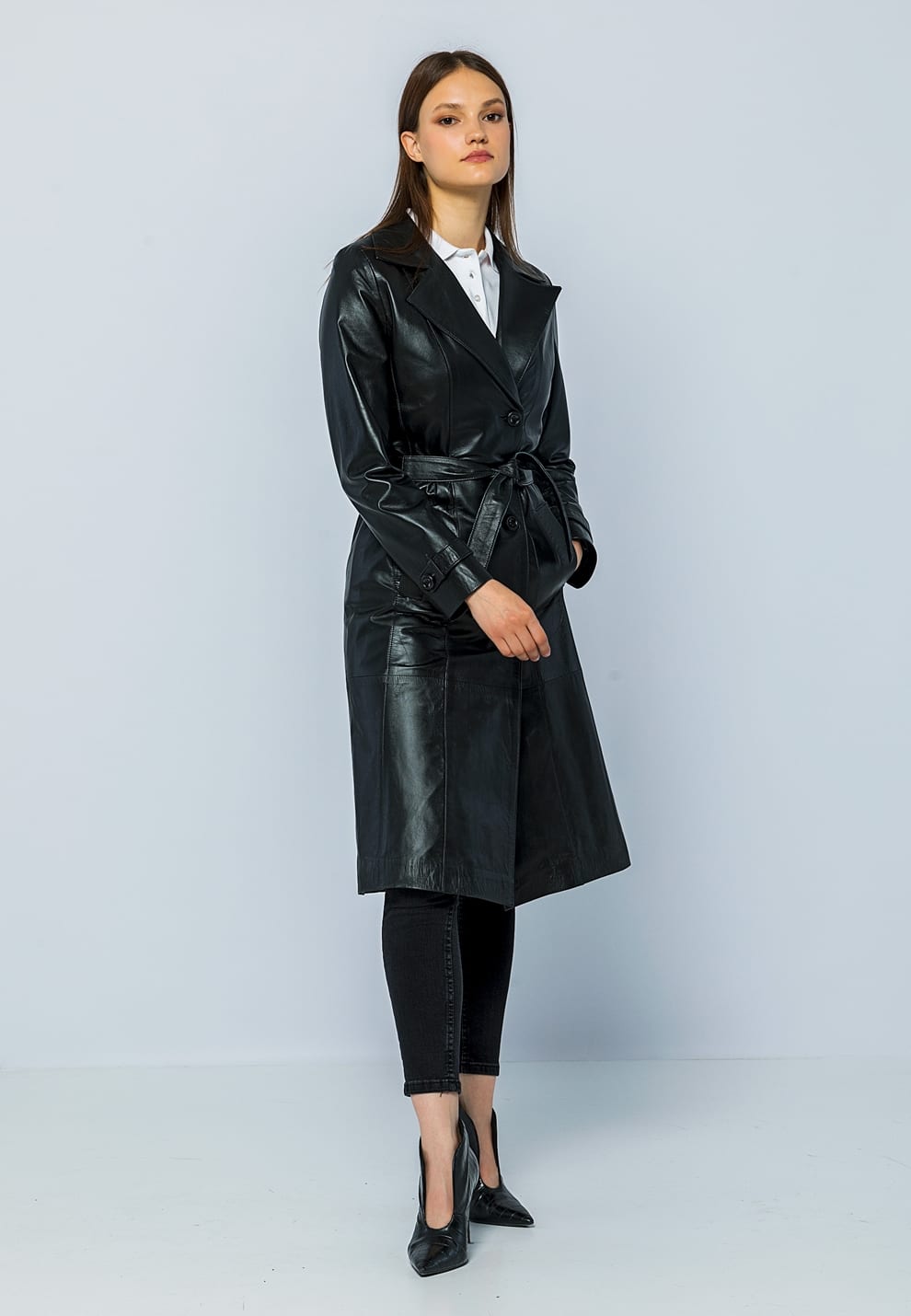 Kadin Trenc Deri Ceket Siyah - Image 2