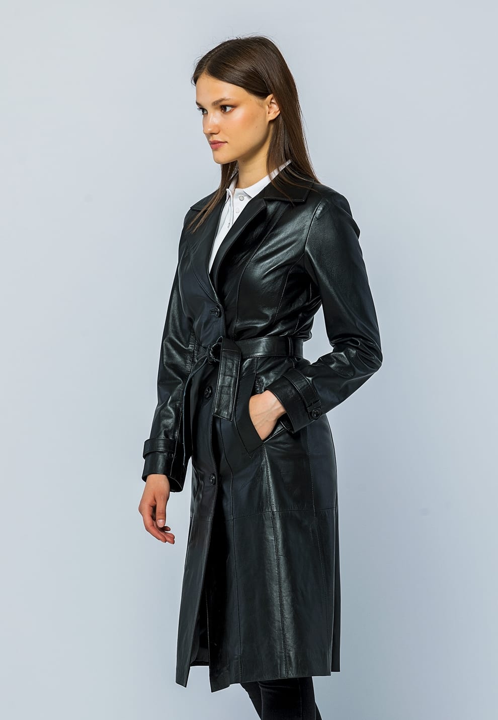 Kadin Trenc Deri Ceket Siyah - Image 3