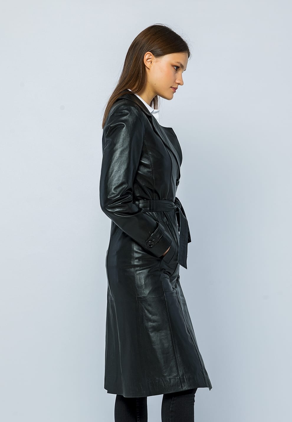 Kadin Trenc Deri Ceket Siyah - Image 4