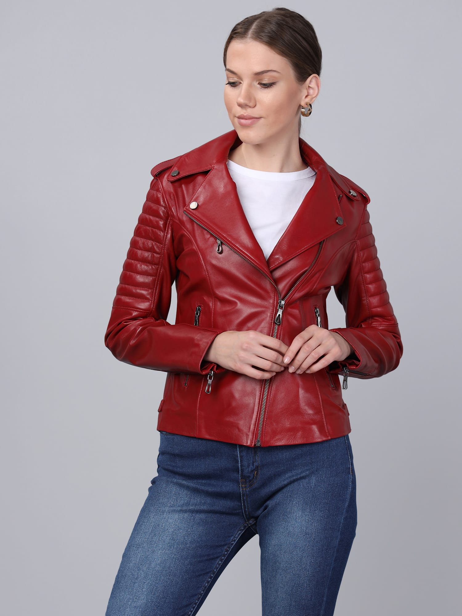 Kadin Biker Deri Ceket  Kirmizi - Image 1