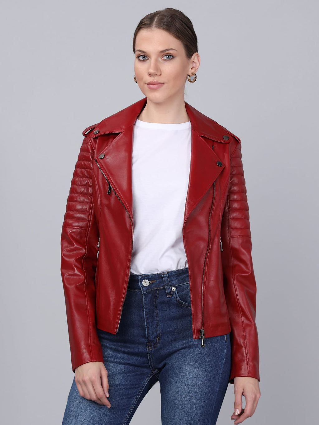 Kadin Biker Deri Ceket  Kirmizi - Image 3