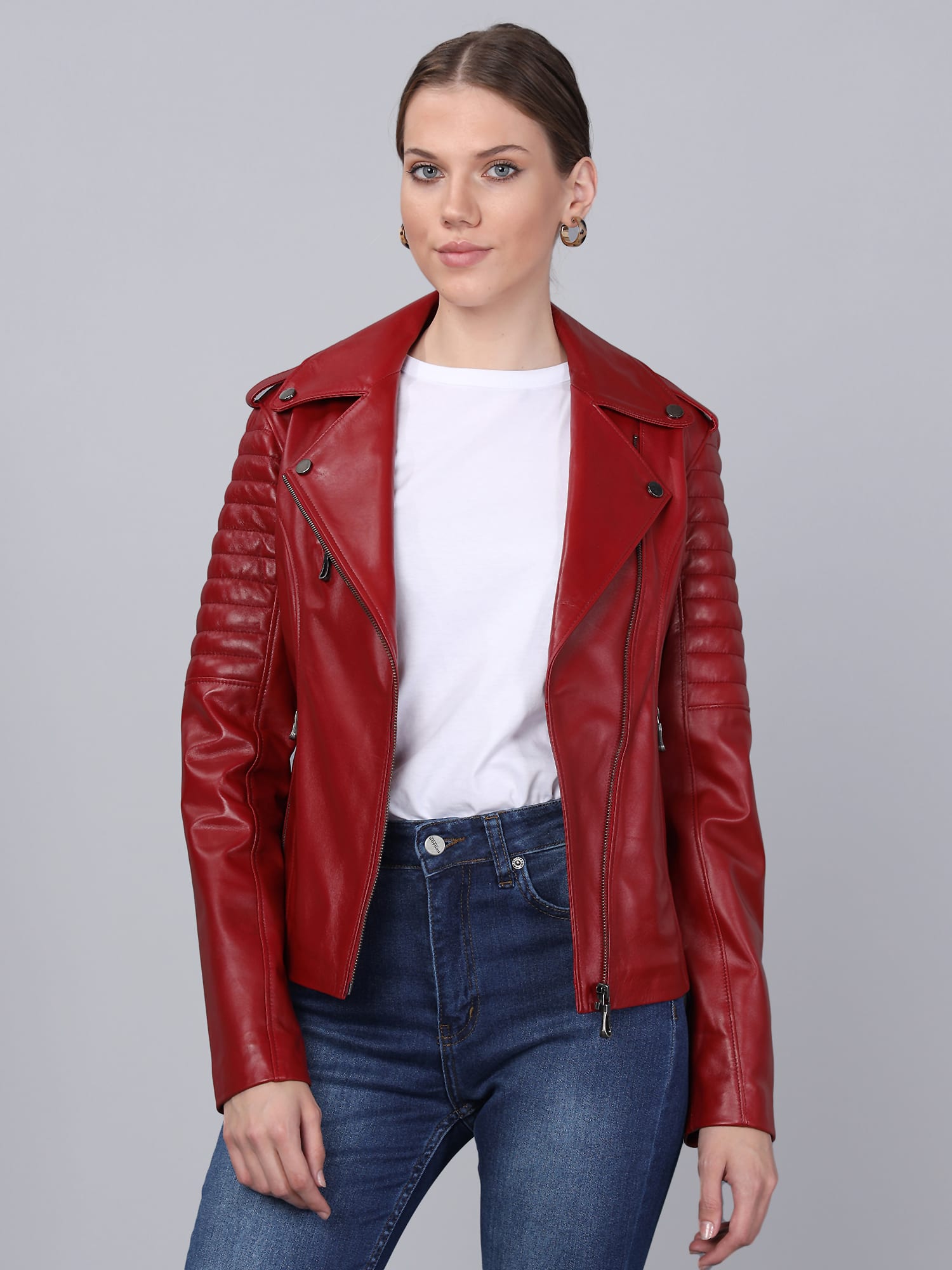 Kadin Biker Deri Ceket  Kirmizi - Image 3