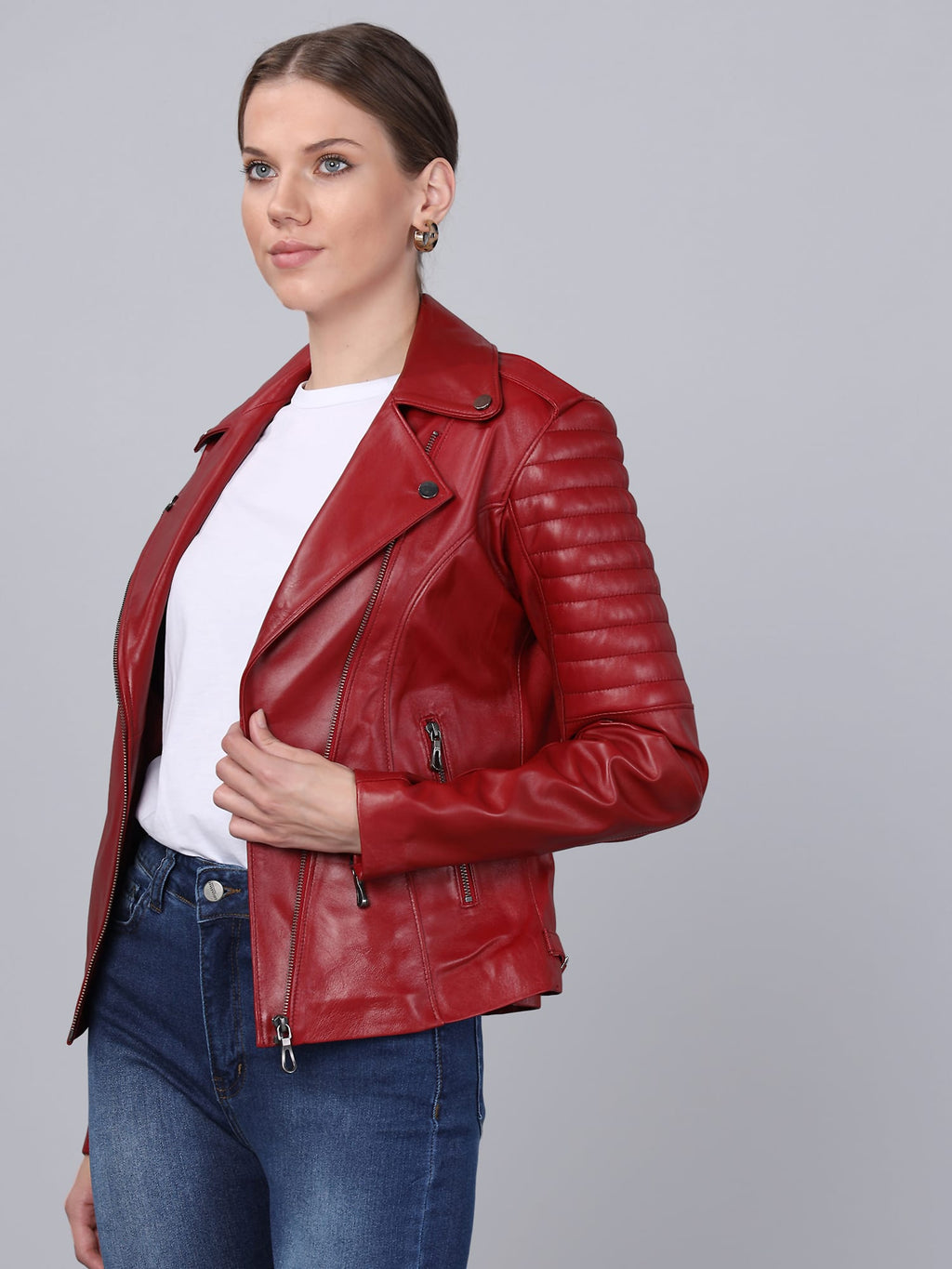 Kadin Biker Deri Ceket  Kirmizi - Image 4