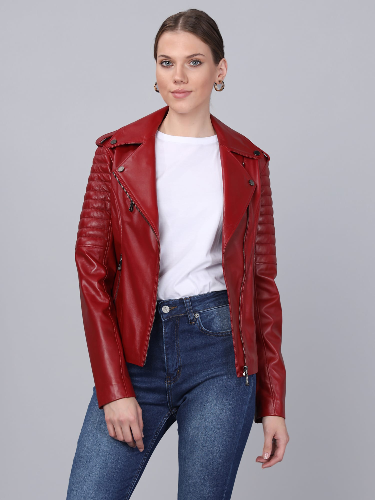 Kadin Biker Deri Ceket  Kirmizi - Image 5