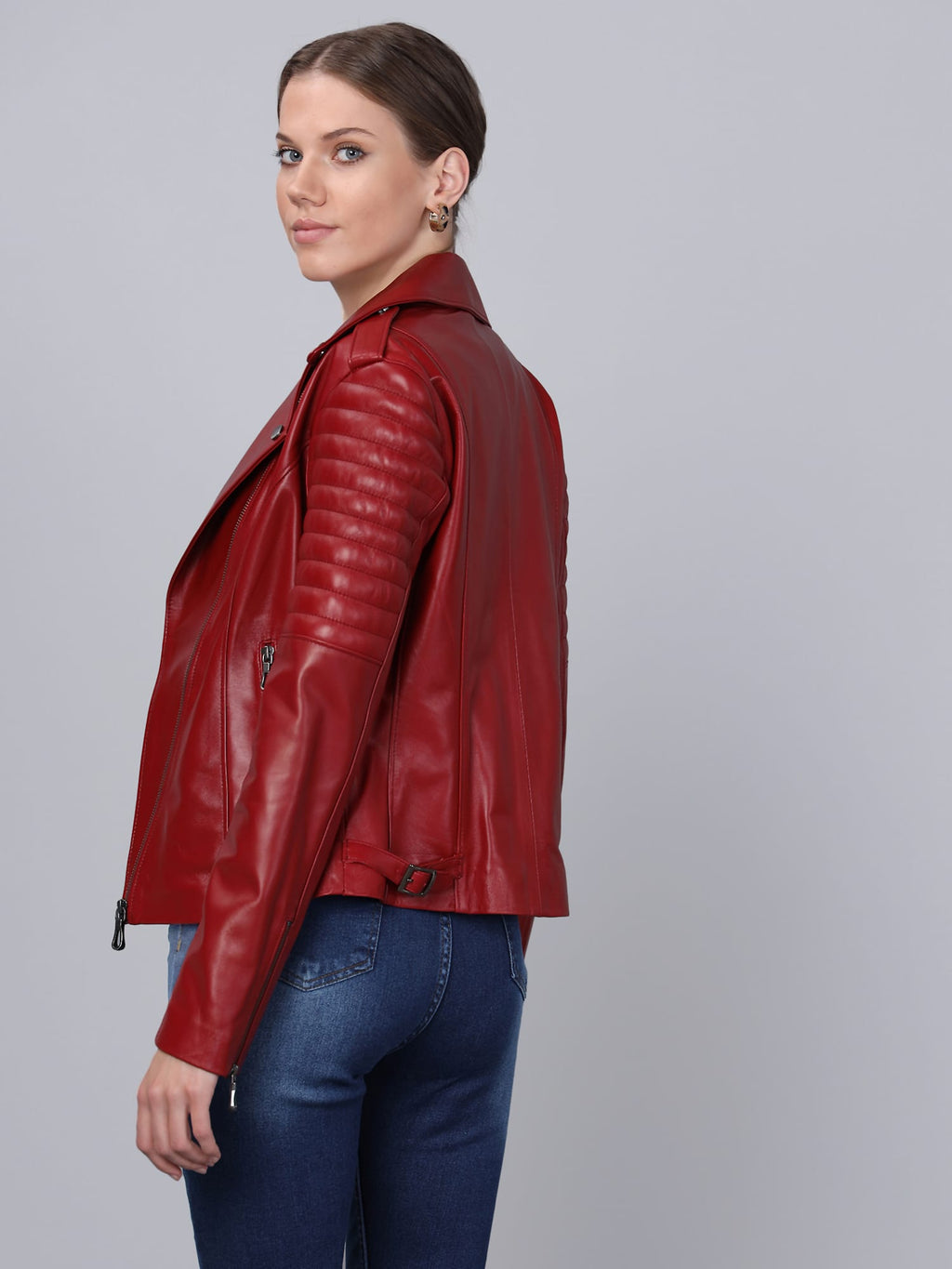 Kadin Biker Deri Ceket  Kirmizi - Image 6