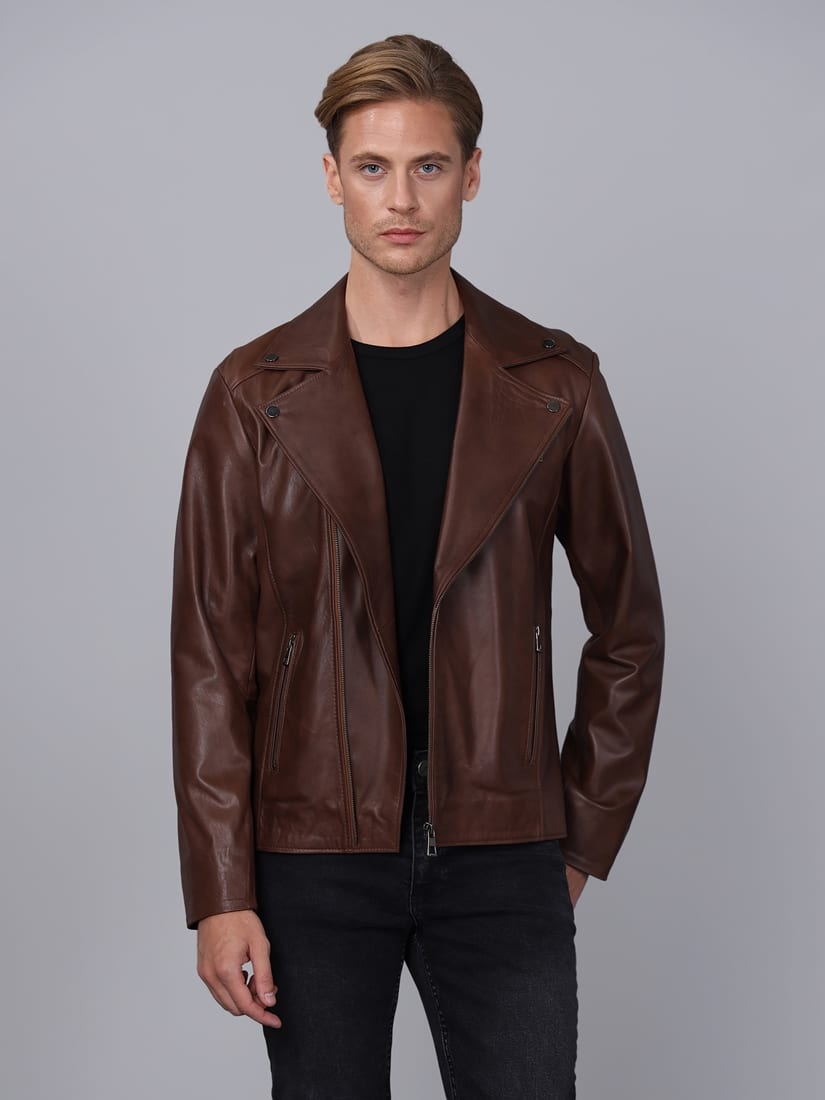 Erkek Biker Deri Ceket  Kestane - Image 1