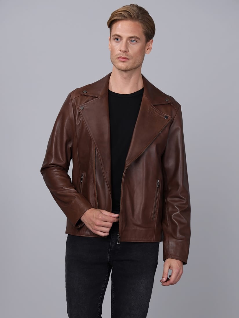 Erkek Biker Deri Ceket  Kestane - Image 2