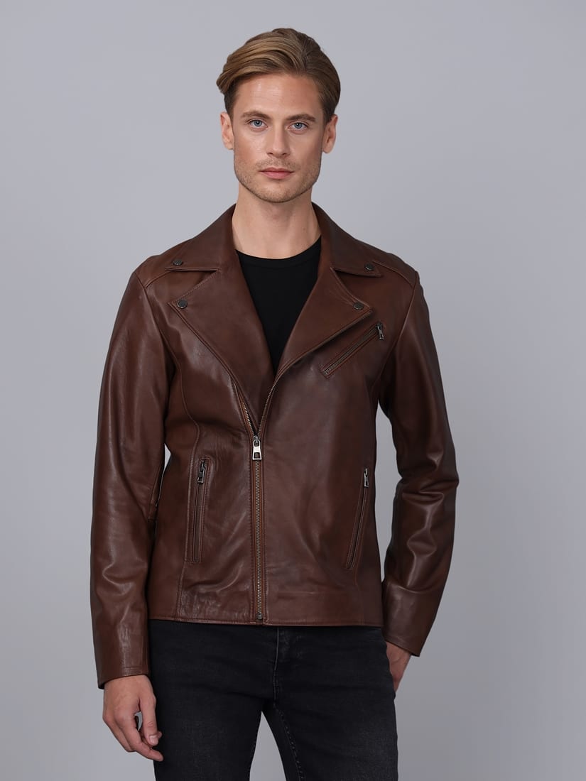 Erkek Biker Deri Ceket  Kestane - Image 3
