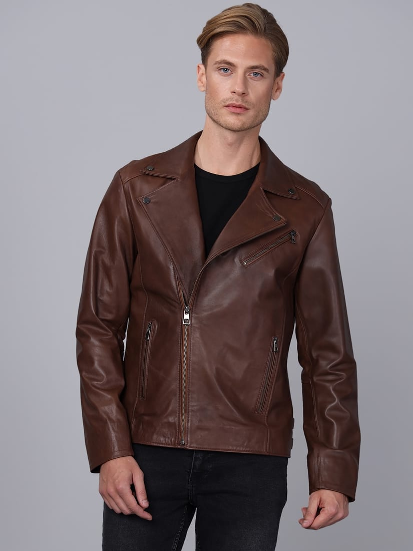 Erkek Biker Deri Ceket  Kestane - Image 4