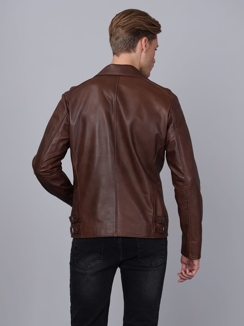 Erkek Biker Deri Ceket  Kestane - Image 5